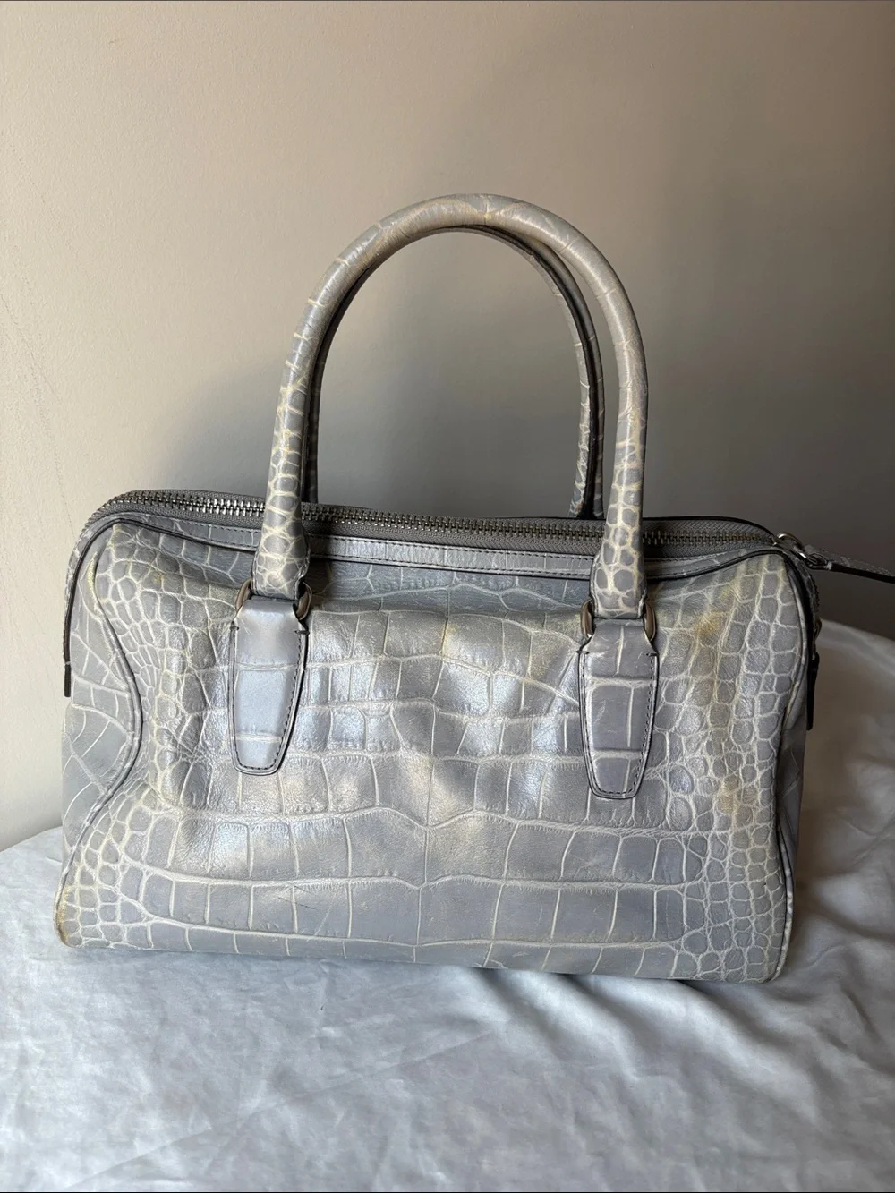 Coach Legacy Embossed Silver Grey Croc Leather Haley Satchel Handbag